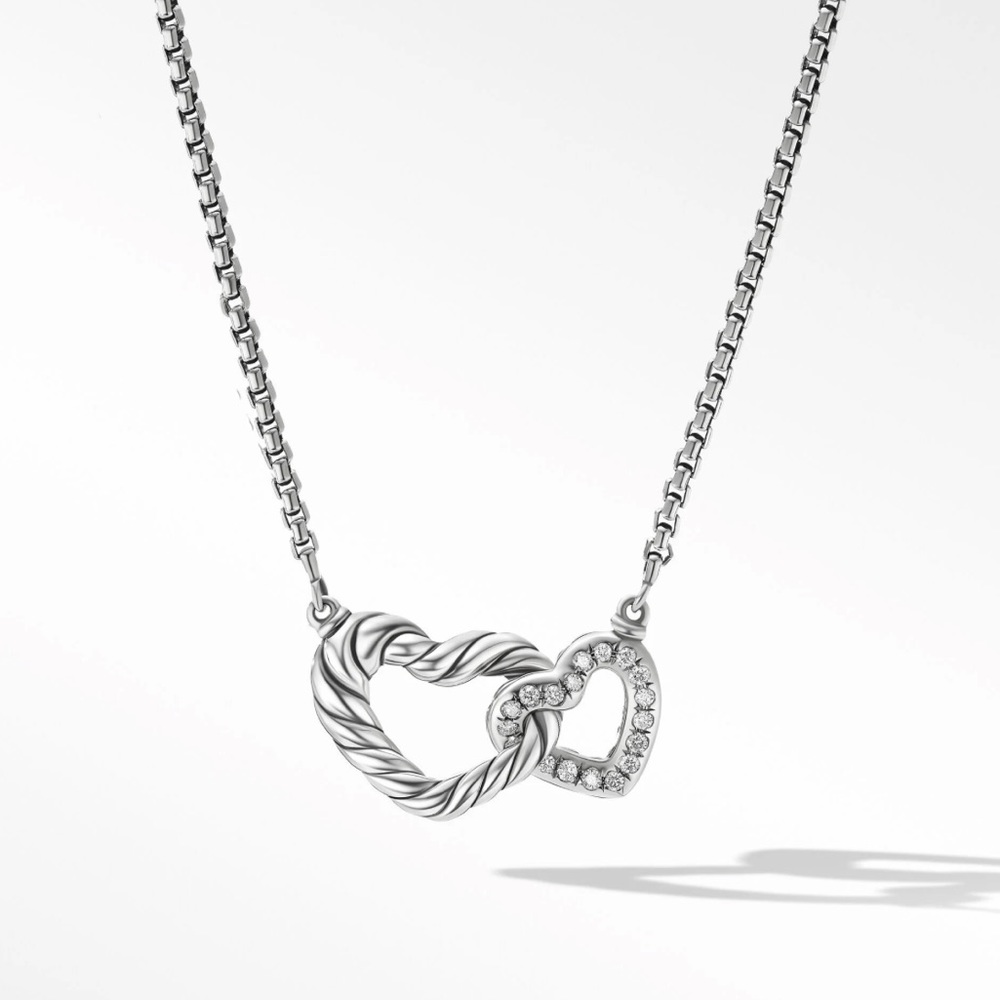 David Yurman Double Heart Necklace in Sterling Silver with Pavé Diamonds